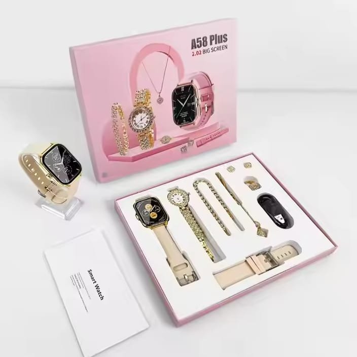 A58 Plus Smart Watch for Women | 2.03" Big Display | 8-in-1 Gift Set | Smartwatch + 2 Straps + Jewelry Set | Bluetooth Calling | Fitness Tracker